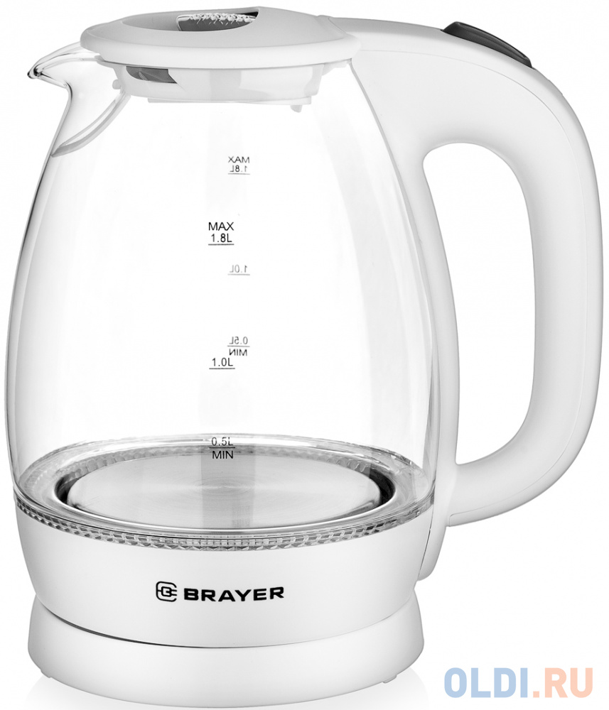 Чайник BRAYER BR1013WH, 1,8 л, 2200 Вт, закрытый нагревательный элемент, стекло, белый