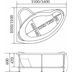 Акриловая ванна 1Marka Catania 150х105 правая, с каркасом (01кт1510п, 03кт1510)