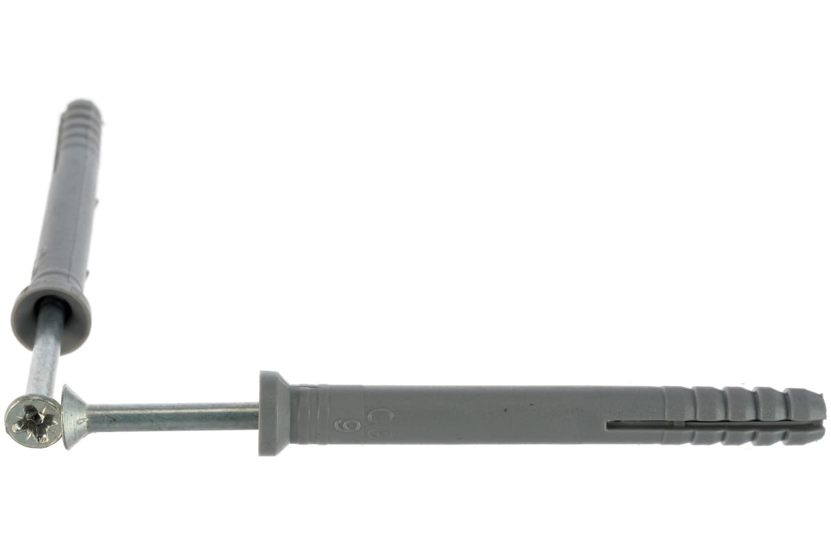 Дюбель-гвоздь 6 мм x 6 см, полипропилен, с потайным бортиком, саморез, серый, 100 шт., ведро, Tech-Krep (101468)