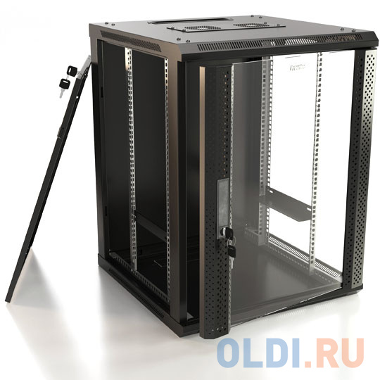 Hyperline TWB-0966-GP-RAL9004 Шкаф настенный 19-дюймовый (19"), 9U, 500x 600х 600мм, стеклянная дверь с перфорацией по бокам, ручка с замком, цве