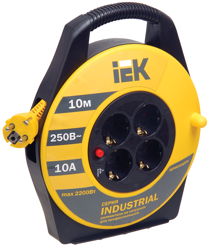 Удлинитель на катушке IEK Industrial УК10, 4-розетки, 10м, желтый/черный (WKP14-10-04-10)