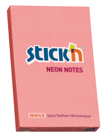 Блок самоклеящийся (стикеры) STICK`N, 100 листов, неоновый, розовый (21162)