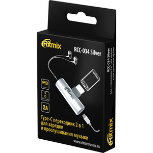 Адаптер Ritmix RCC-034 Silver type c male- type c usb - aux female, Для подключения наушников с Jack 3.5 мм к мобильным телефонам с USB-C