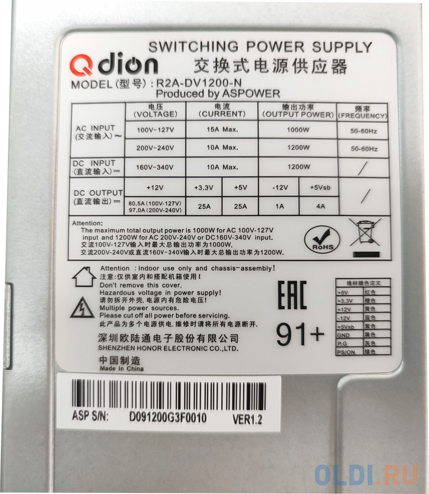 Блок питания серверный/ Server power supply Qdion Model R2A-DV1200-N P/N:99RADV1200I1170310 2U Redundant 1200W Efficiency 91+, Cable connector: C14