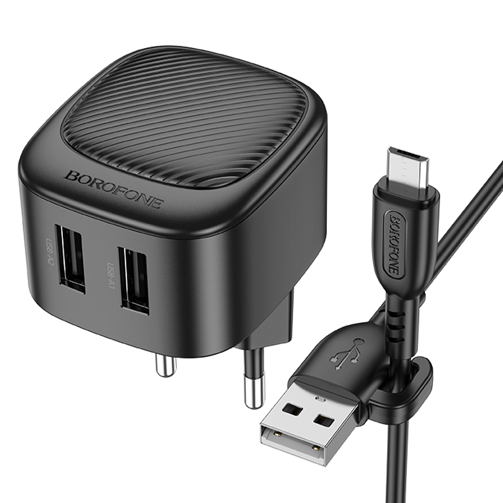 Сетевое зарядное устройство Borofone BAS21A 10.5 Вт, 2xUSB, EU, черный (6941991109287), кабель microUSB/USB Type A