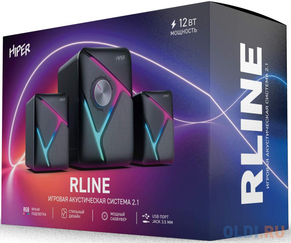 Computer Speaker 2.1 HIPER RLine (H-TR7(BK))), gaming line, 11 Wt, RGB backlight, USB +  Jack 3.5mm, volume control on front pannel, black