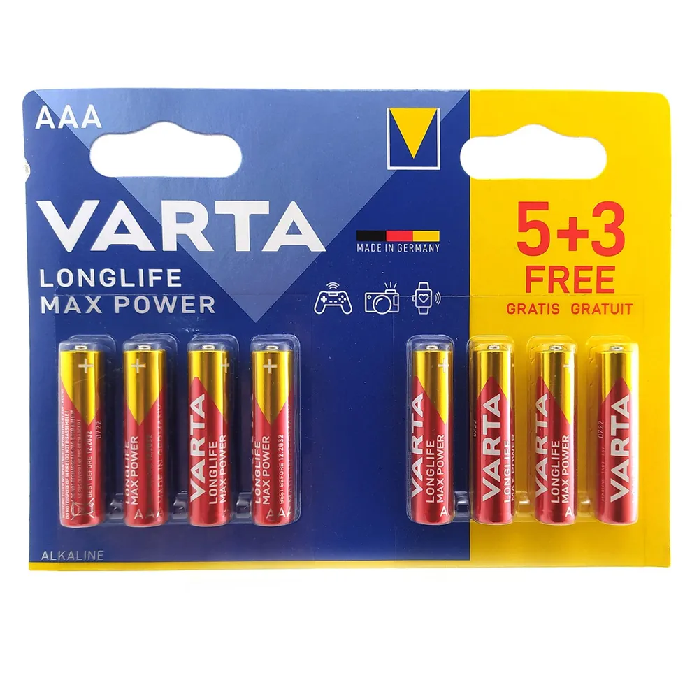 Батарея Varta LONGLIFE MAX POWER, AAA (LR03), 1.5V, 8 шт. (04703101428)