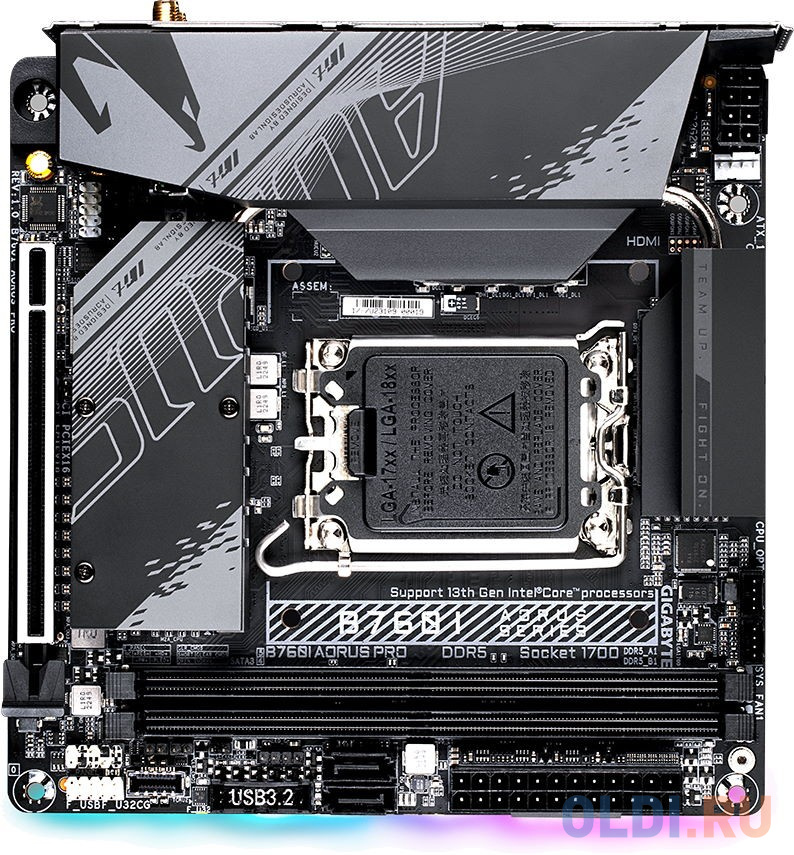 B760I AORUS PRO, Socket 1700, Intel®B760, 2xDDR5-4800, HDMI+DP, 1xPCI-Ex16, 2xSATA3(RAID 0/1), 2xM.2, 8Ch Audio, 2,5GbLan, WiFi, (2+2)xUSB2.0, (5+2)xU