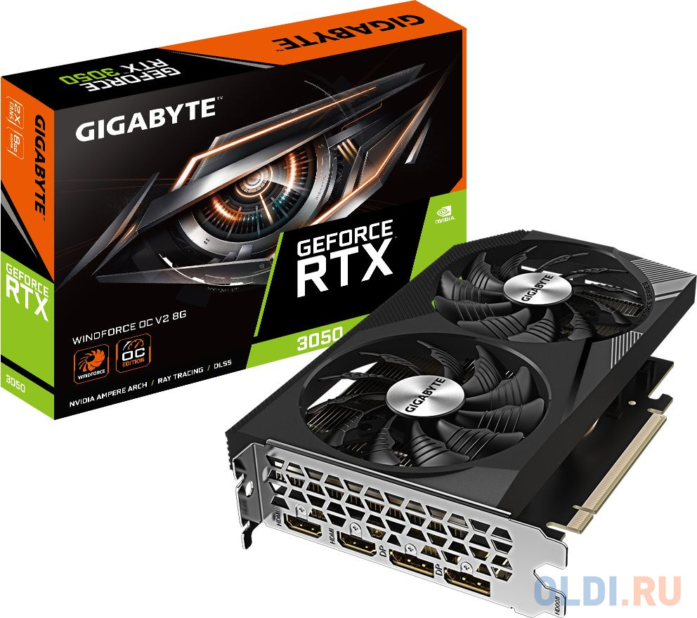 Видеокарта Gigabyte PCI-E 4.0 GV-N3050WF2OCV2-8GD NVIDIA GeForce RTX 3050 8192Mb 128 GDDR6 1792/14000 HDMIx2 DPx2 HDCP Ret в Москвe