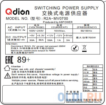 Блок питания серверный/ Server power supply Qdion Model R2A-MV0700 P/N:99RAMV0700I1170110 ATX Mini Redundant 700W Efficiency 80 Plus Silver, Cable con