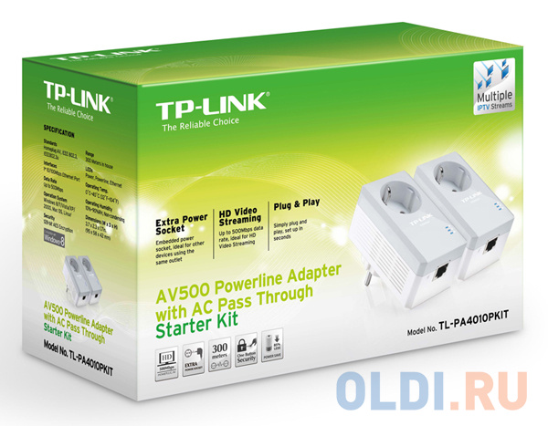 Адаптер TP-Link TL-PA4010PKIT Базовый комплект адаптеров Powerline стандарта AV500/AV600 со встроенной розеткой в Москвe