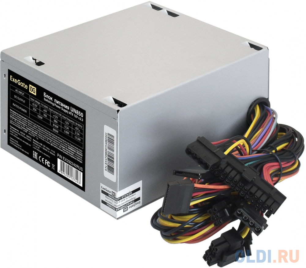 Блок питания 850W ExeGate UN850 (ATX, 12cm fan, 24pin, 2x(4+4)pin, 2xPCI-E, 5xSATA, 3xIDE, кабель 220V в комплекте)