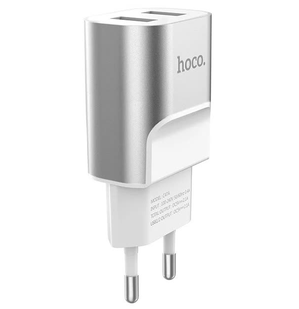 Сетевое зарядное устройство Hoco C47A Metal, 2USB, серебристый (93299)