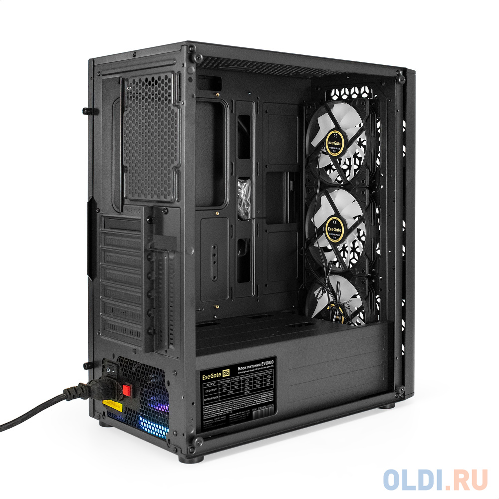 Корпус Miditower ExeGate EVO-9202-EVO800 (ATX, БП EVO800RGB с вент. 12 см, с окном, 1*USB+1*USB3.0, аудио, черный, 3 вент. 12см с RGB подсветкой)