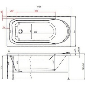 Акриловая ванна Aquanet West 150x70 с каркасом, панелью, слив-переливом и шторкой