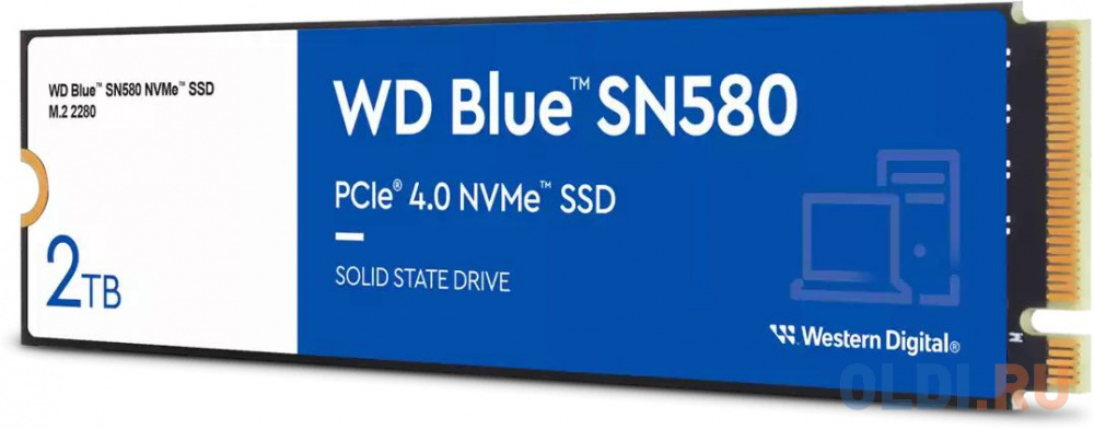 Твердотельный накопитель/ WD SSD Blue SN580 NVMe, 2000GB, M.2(22x80mm), NVMe, PCIe 3.0 x4, 3D TLC, R/W 3500/3500MB/s, IOPs 600 000/600 000, TBW 900, D