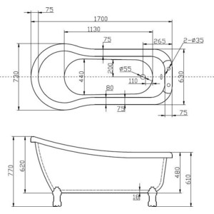 Акриловая ванна BelBagno 170x75 ножки, слив-перелив, хром (BB20-CRM)