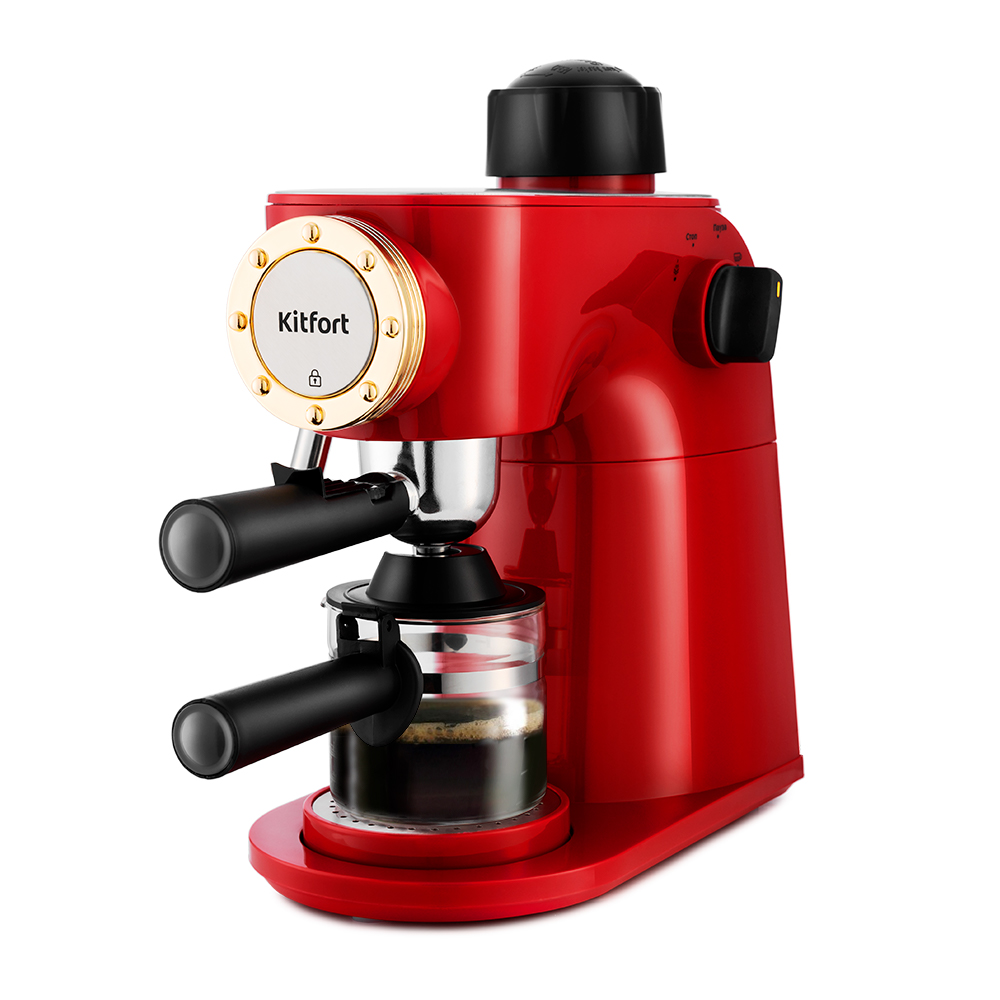 Кофеварка рожковая Kitfort KT-756, 800 Вт, кофе молотый, 240 мл, ручной капучинатор, красный/черный (1529065)
