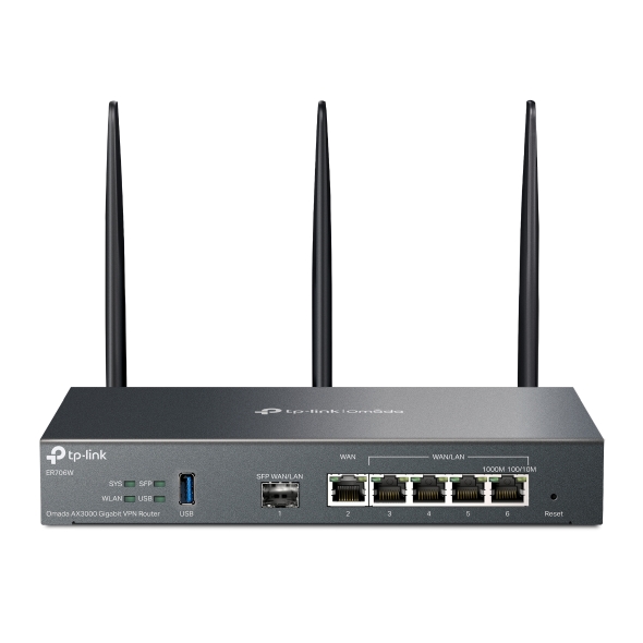 Wi-Fi роутер TP-Link Omada , 802.11a/b/g/n/ac/ax, 2.4 / 5 ГГц, до 2.4 Гбит/с, LAN 6x1 Гбит/с, WAN 1x1 Гбит/с, внешних антенн: 3x4.5 дБи, 1xUSB 3.0 (ER706W)