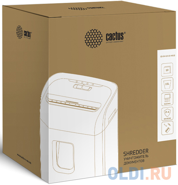 Шредер Cactus CS-SH-10-15-4X12 (секр.P-4)/фрагменты/10лист./15лтр./скрепки/скобы/пл.карты