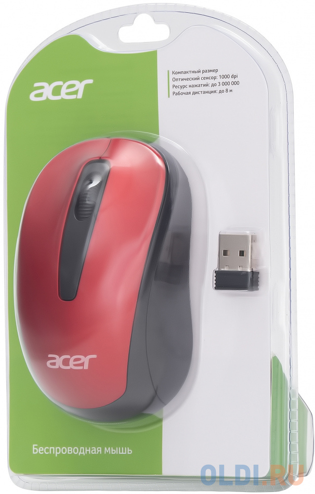 Мышь Acer OMR136, оптическая, беспроводная, USB, красный [zl.mceee.01j]