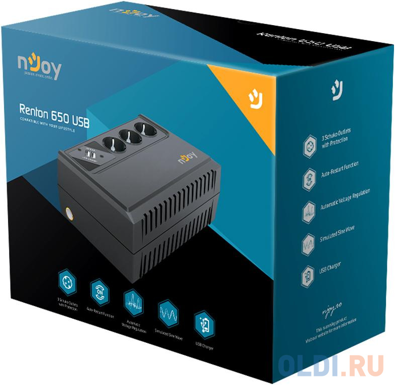 ИБП nJOY UPS 650VA Renton 650 USB (эфективная мощьность 360Вт, батарея 5 Ач, 3 евро розетки)