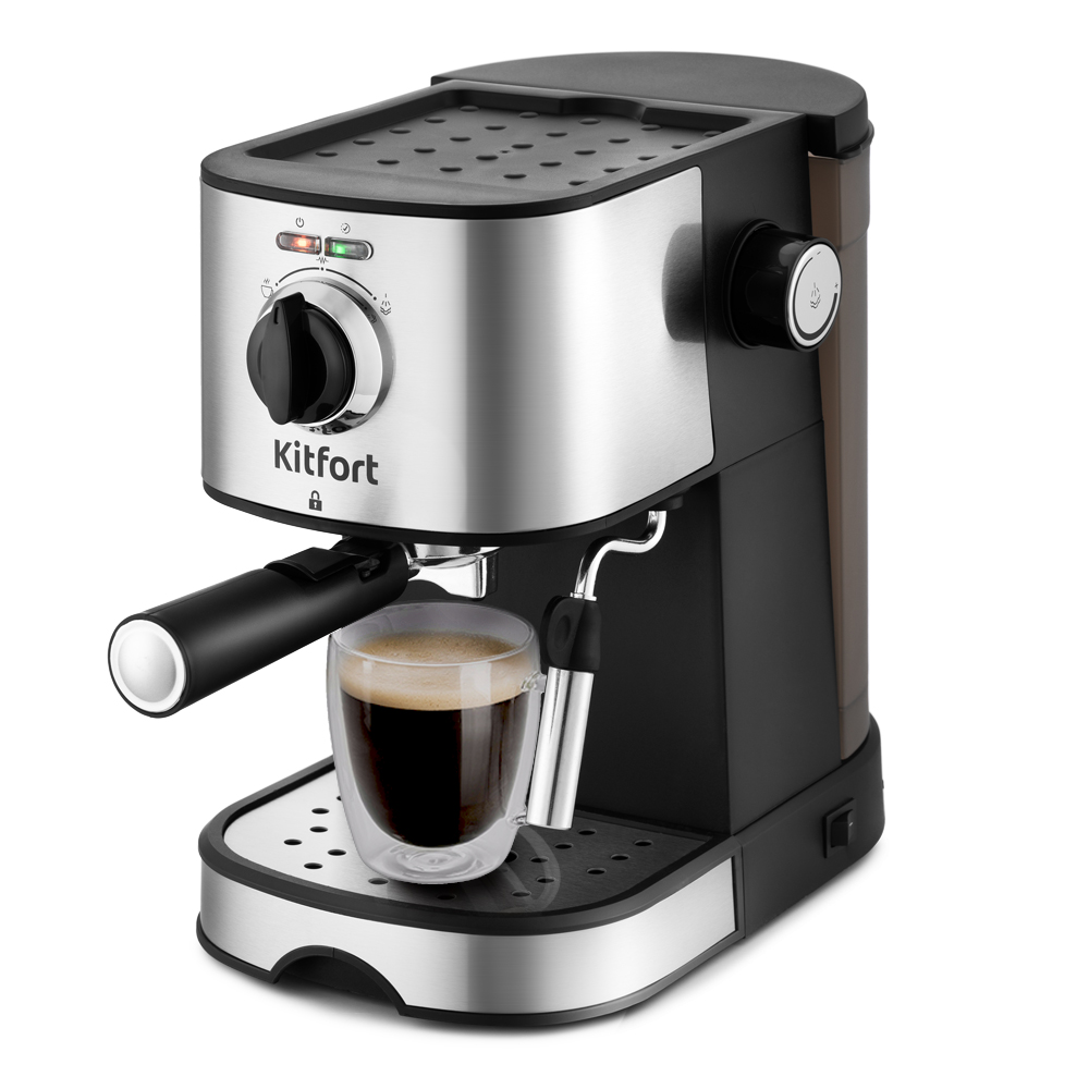 Кофеварка рожковая Kitfort KT-753, 850 Вт, кофе молотый, 1 л/1 л, автоматический капучинатор, нержавеющая сталь/черный (1529067)