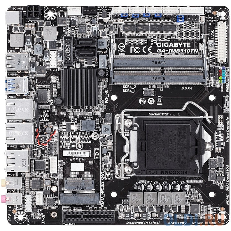 GA-IMB310TN, Socket 1151, Intel®H310, 2xDDR4-2133 SO-DIMM, HDMI+DP+LVDS, 1xPCI-Ex4, 1xMiniPCI-E, 2xSATA3, 1xM.2, 8 Ch Audio, 2xGLan, (2+2)xUSB2.0, (2+