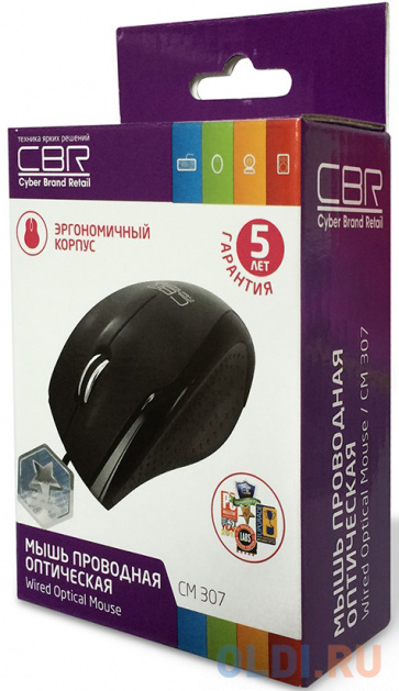 Мышь CBR CM-307 Black, 1200 dpi, провод 1,3м, USB