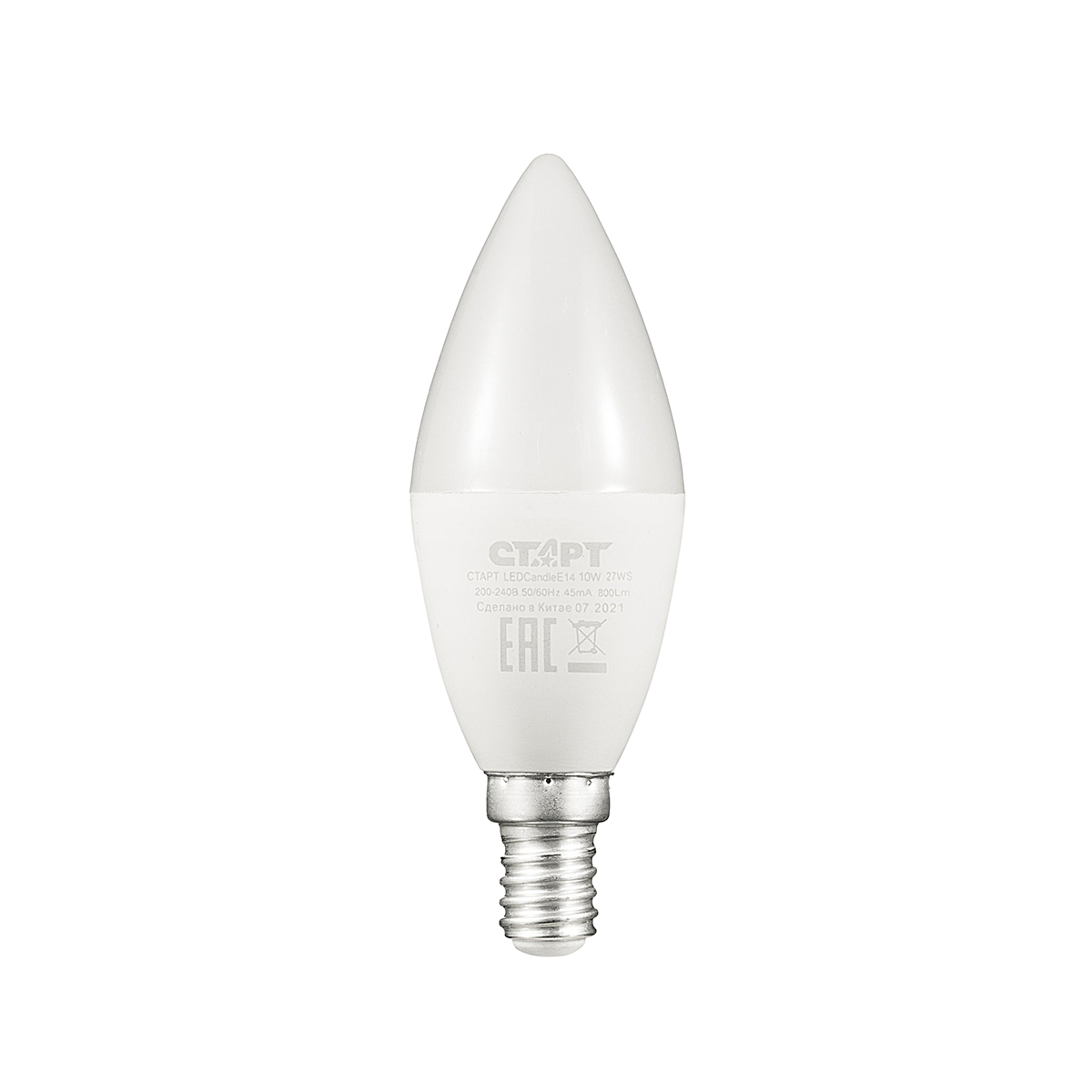 Лампа светодиодная E14 свеча, 10 Вт, 3000 K / теплый свет, 800лм, 220 В, СТАРТ (4610116202876)