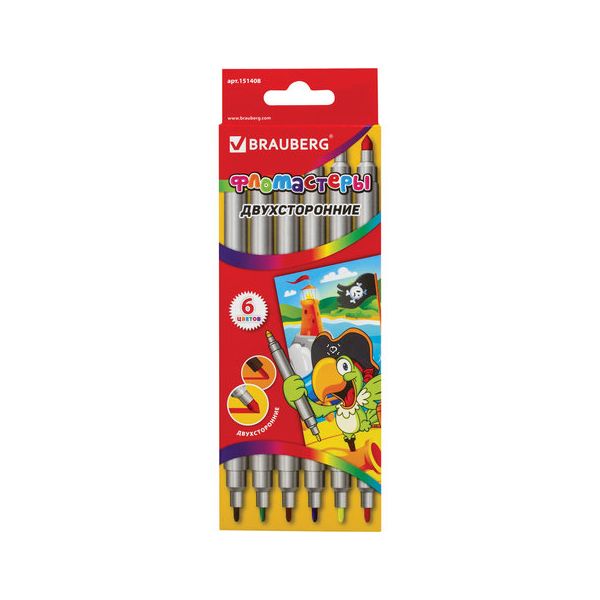 Фломастеры двухсторонние BRAUBERG 6 цветов, пишущие узлы 2 и 5 мм, вентилируемый колпачок, картонная упаковка, 151408, (6 шт.)