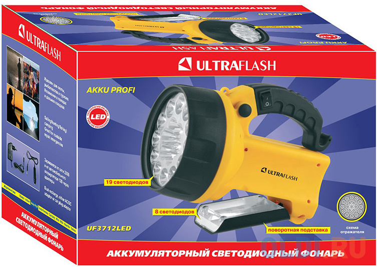 Ultraflash UF3712LED  (фонарь аккум 220В/12В, желтый, 19 LED, 4В 2Ач, пластик, коробка)