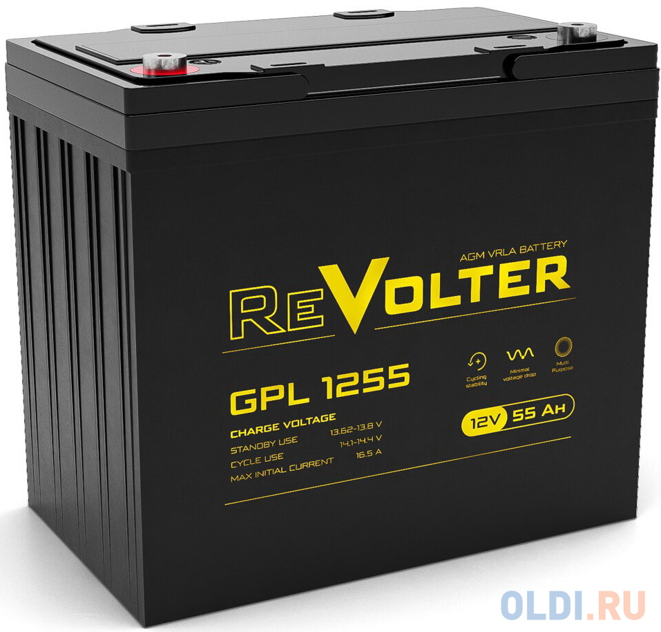 Аккумуляторная батарея REVOLTER GPL 125512В,  емкость 55Ач, клемма Болт М6 (230х140х207мм (208мм); Срок службы 10лет; Га в Москвe