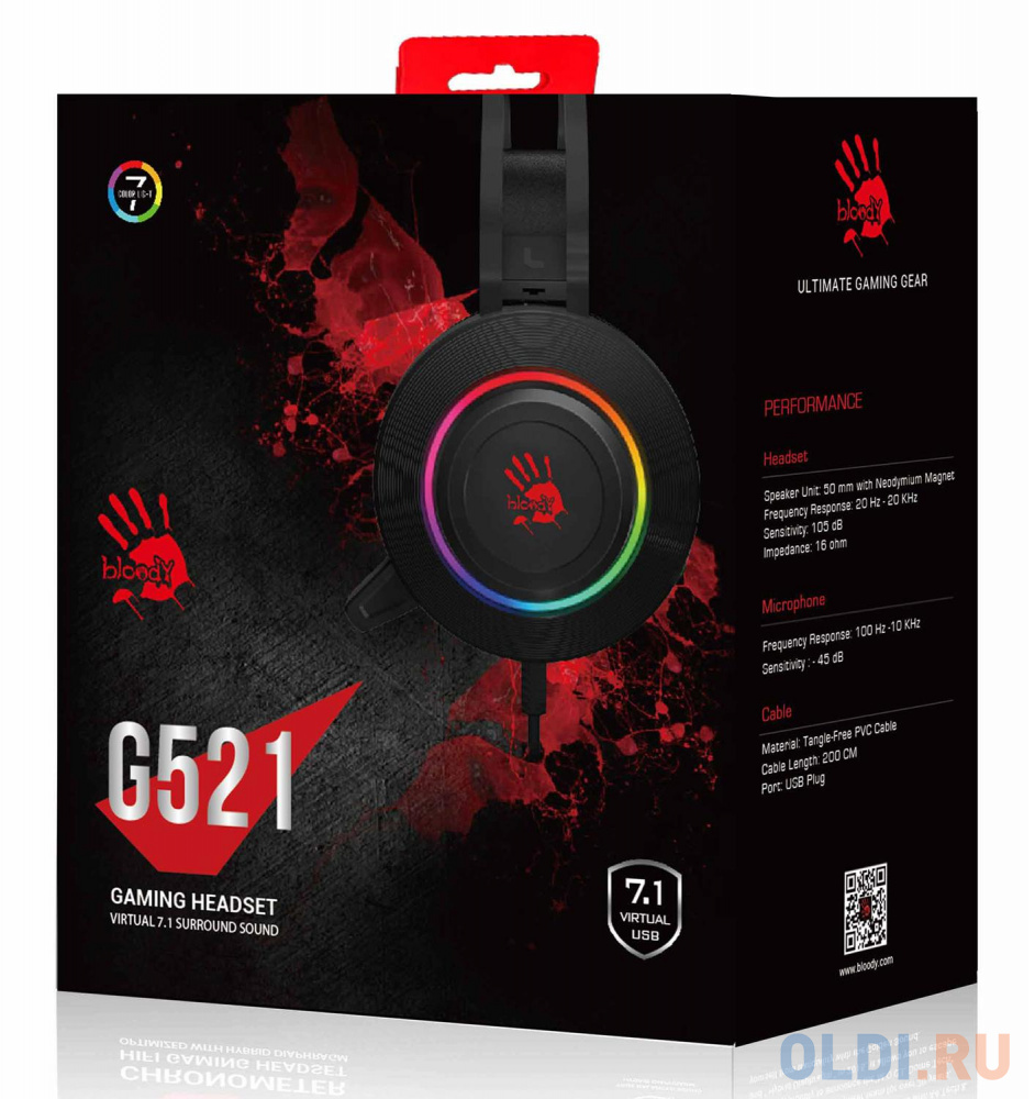 Наушники с микрофоном A4Tech Bloody G521 черный 2.3м мониторные USB оголовье (G521 (BLACK))