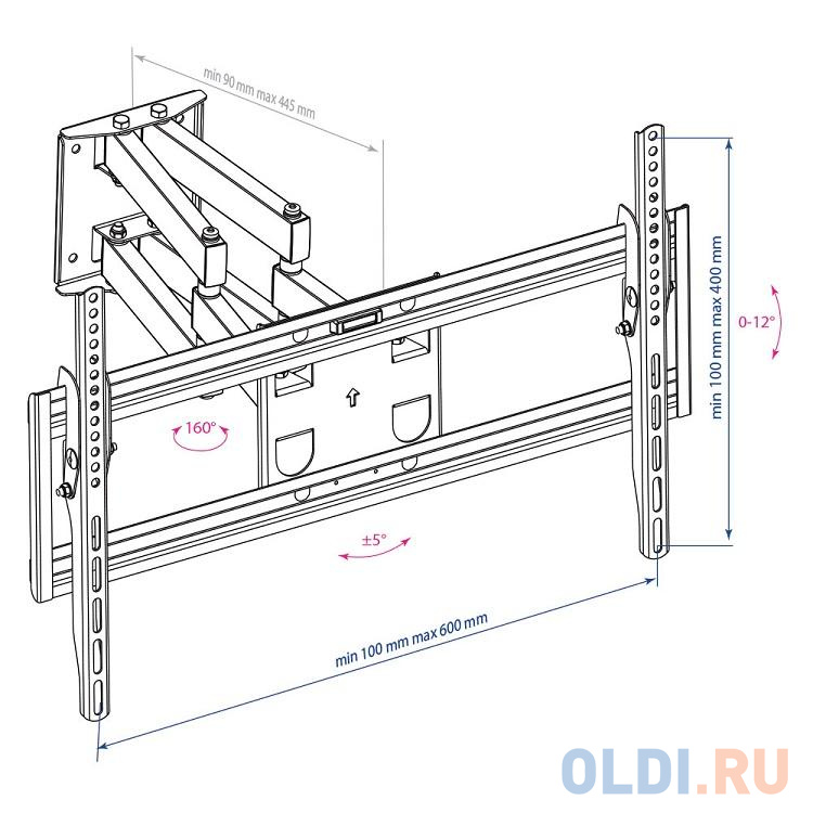 Кронштейн Arm media PT-16 Black настенный для TV 26"-65", max 50 кг, 3 ст св., нак. 0-12°, пов. 160°, от ст. 90-445 мм. max VESA 600x400 мм. в Москвe