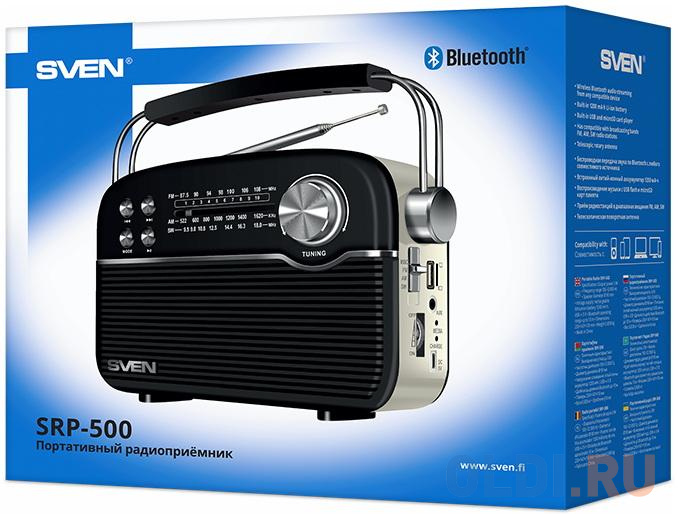 Радиоприёмник SVEN SRP-500 чёрный (3 Вт, FM/AM/SW, USB, microSD, AUX, Bluetooth, 1200 мАч)