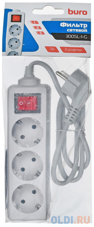 Сетевой фильтр Buro 300SL-1-G 1м (3 розетки) серый