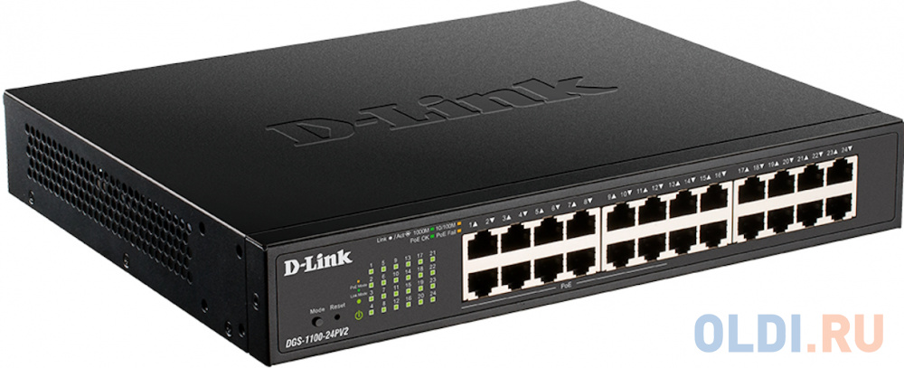 D-Link DGS-1100-24PV2/A3A, L2 Smart Switch with 24 10/100/1000Base-T ports (12 PoE ports 802.3af/802.3at (30 W), PoE Budget 100 W). 8K Mac address, 80