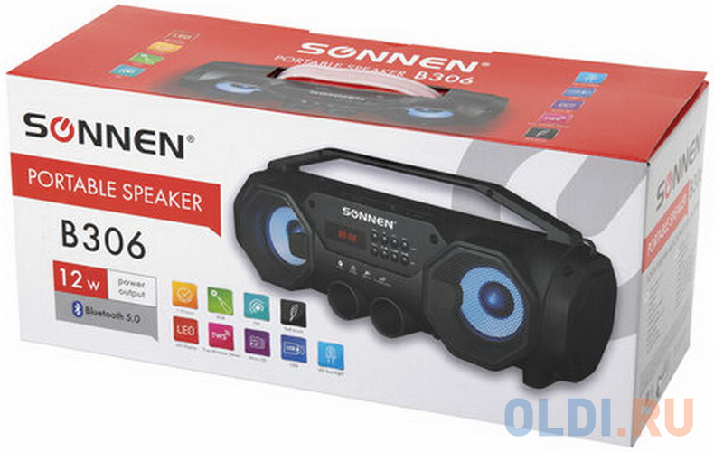 Колонка портативная с подсветкой SONNEN B306, 12 Вт, Bluetooth, FM-тюнер, microSD, MP3-плеер, черная, 513479