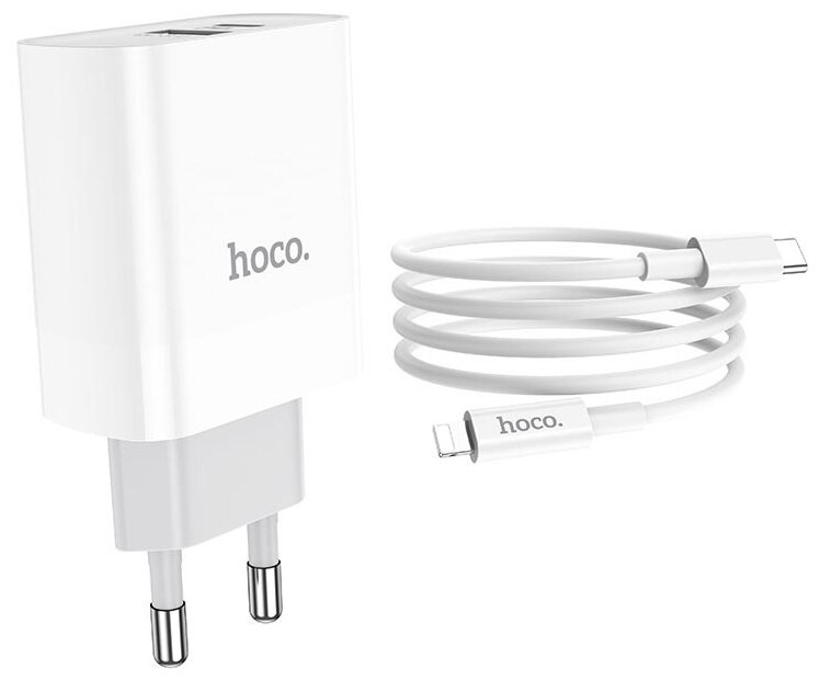 Сетевое зарядное устройство Hoco C80A 20 Вт, USB, USB type-C, Quick Charge, PD, 3А, белый (6931474740526), USB Type-C - Lighting 8-pin в Москвe