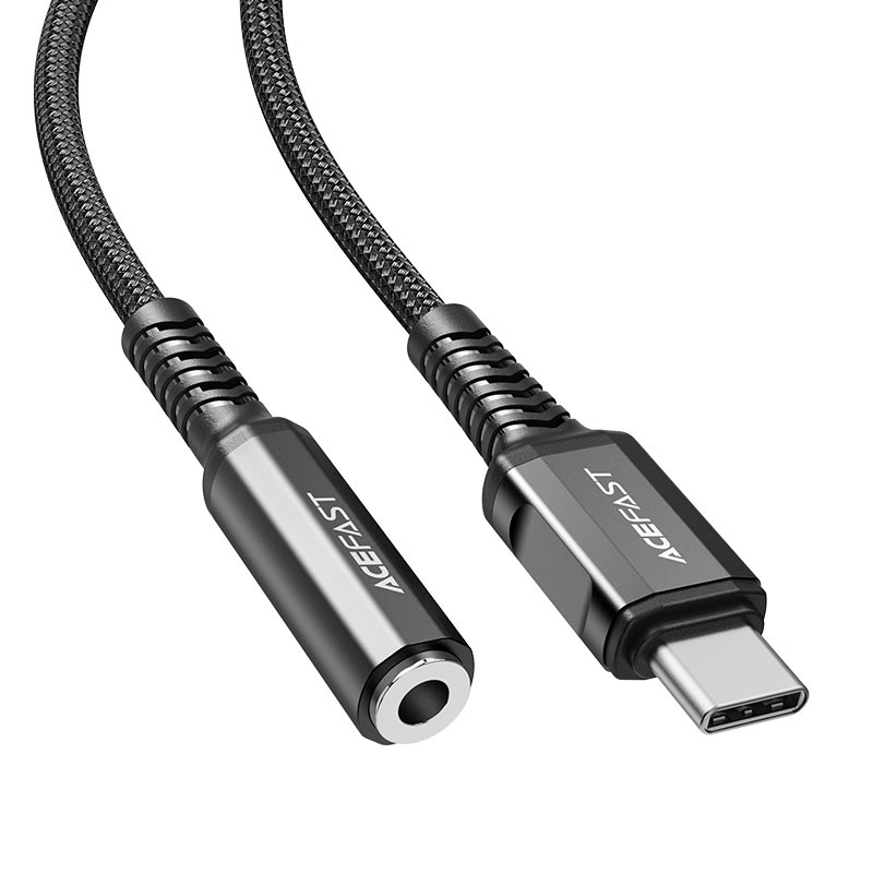 Кабель-переходник (адаптер) USB Type-C(M)-Jack 3.5mm(F), экранированный, 18см, темно-серый металлик ACEFAST C1-07 (AF-C1-07-BK)