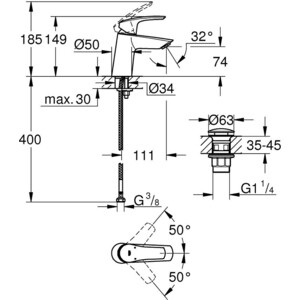 Смеситель для раковины Grohe Eurosmart с донным клапаном, хром (23968003)