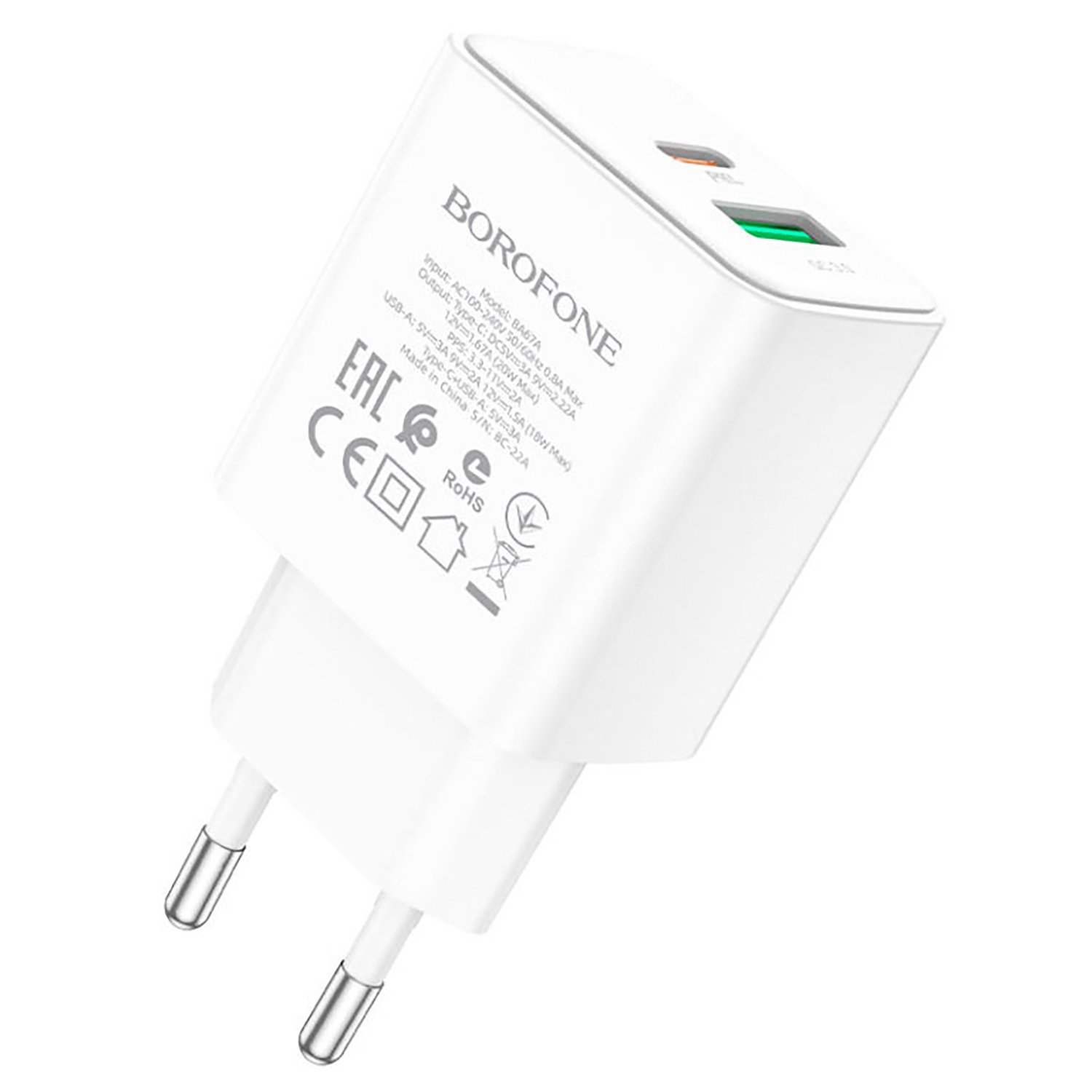 Сетевое зарядное устройство Borofone BA67A 20Вт, USB, USB type-C, Quick Charge, PD, 3A, белый (974443383997)