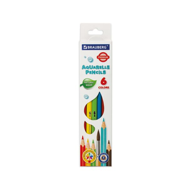 Карандаши цветные акварельные BRAUBERG PREMIUM AQUARELLE, 6 цветов, грифель мягкий 4 мм, 181670. (8 шт.)