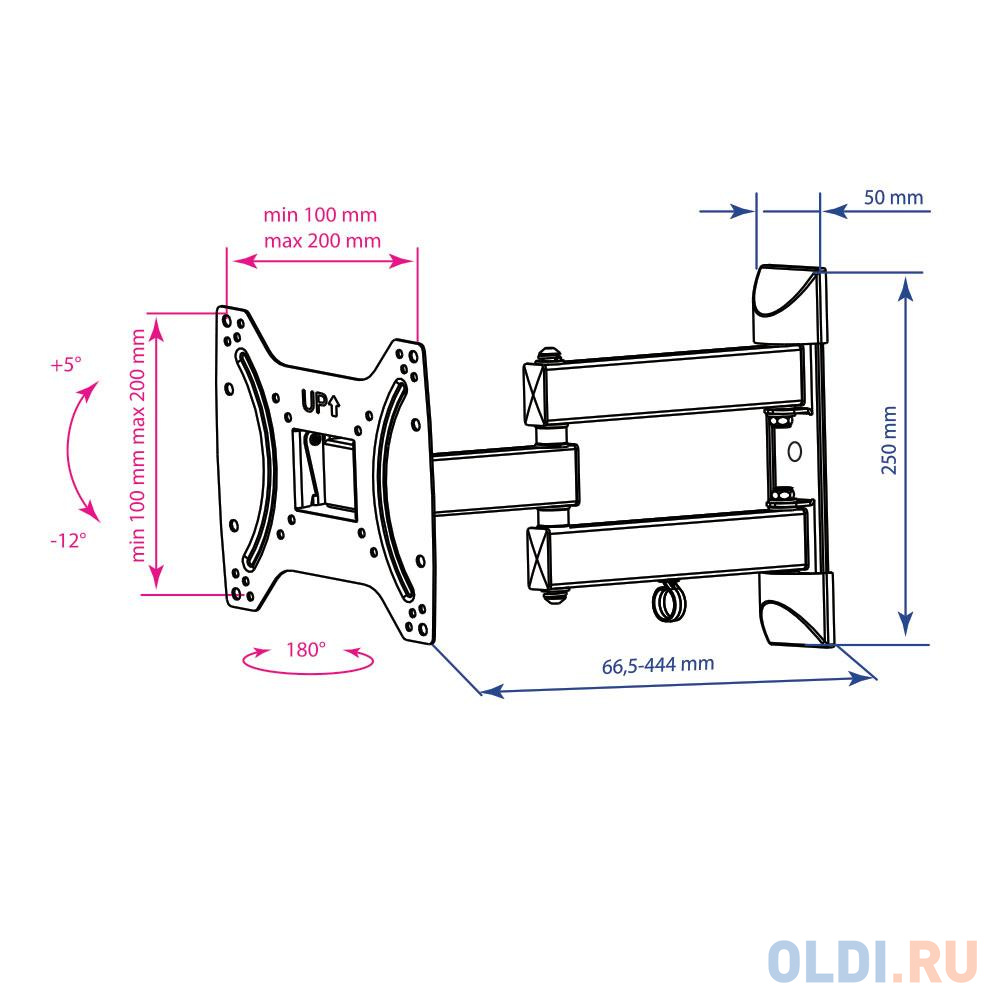 Кронштейн Kromax DIX-22 черный Наклонно-поворотный для LED TV 15"-48", max 35 кг, настенный, 4 ст свободы, от стены 66.5-444  мм, max VESA 2