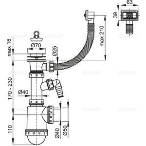 Сифон для кухонной мойки AlcaPlast с решеткой D70 и переливом и штуцером (A444P-DN50/40) в Москвe