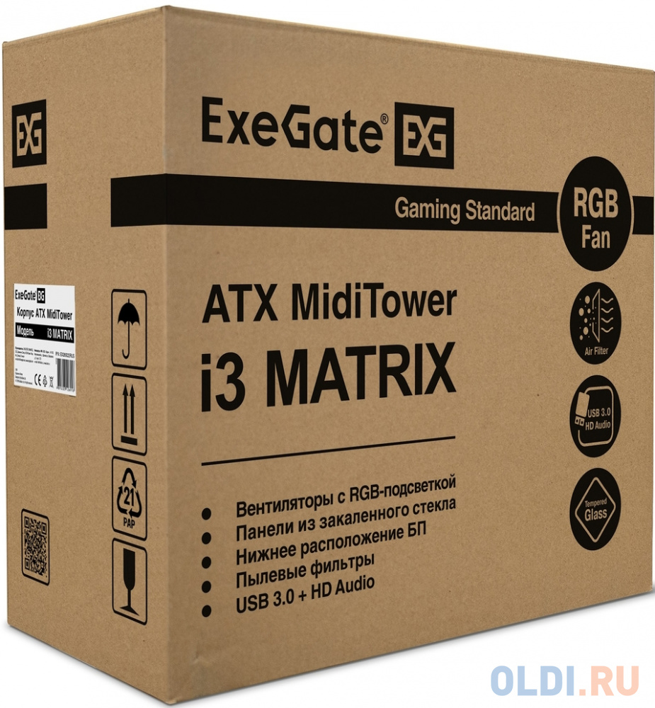 Корпус Miditower ExeGate i3 MATRIX-PPH500 (ATX, БП 500PPH 80+Bronze 12см, 2*USB+1*USB3.0, HD аудио, черный, 2 вент. 18см с RGB подсветкой, пылевые фил