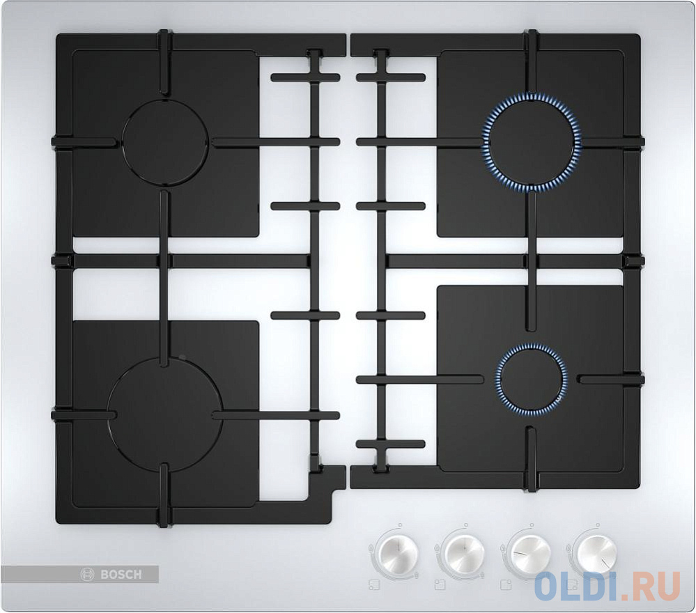 Serie 4, газовая варочная панель, 60см, закаленное стекло, белый, 4 конфорки,1 конфорка повышенной мощности, индивидуальные чугунные решетки, газ-конт в Москвe