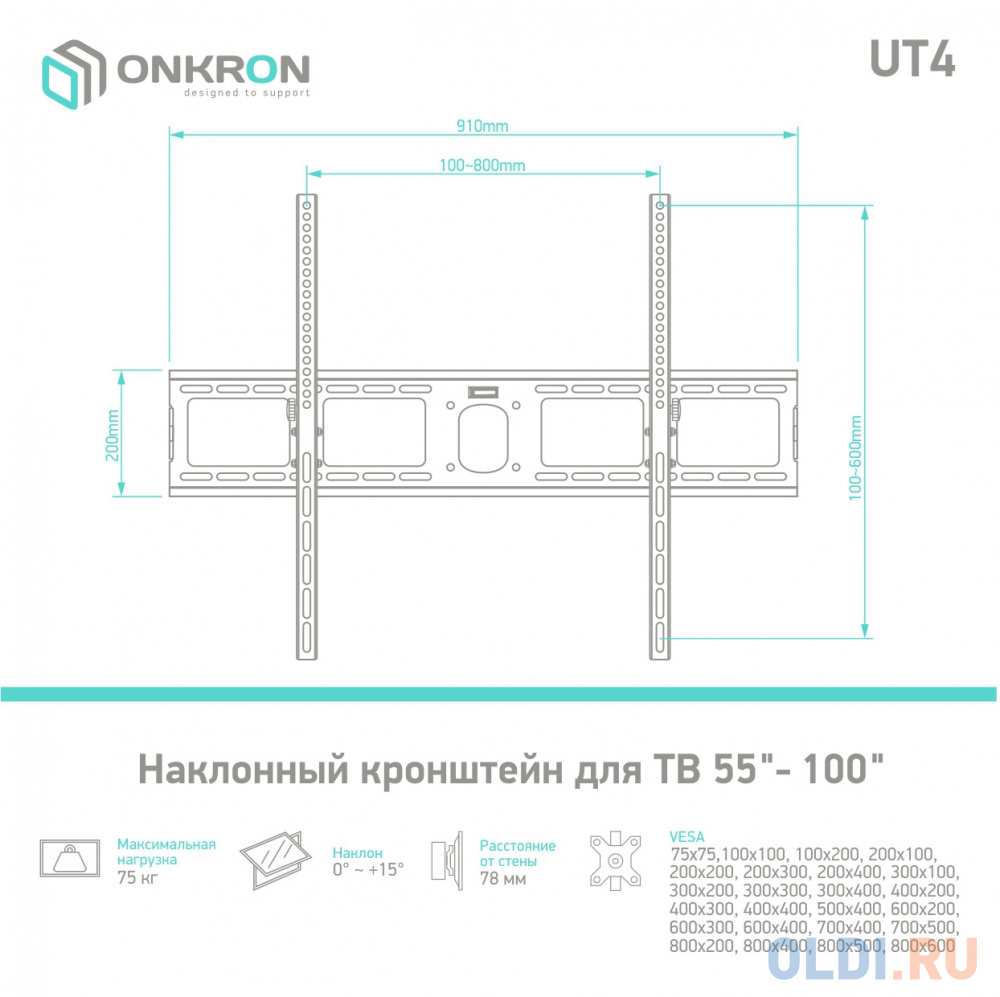 Кронштейн для телевизора Onkron UT4 черный 55"-100" макс.75кг настенный наклон