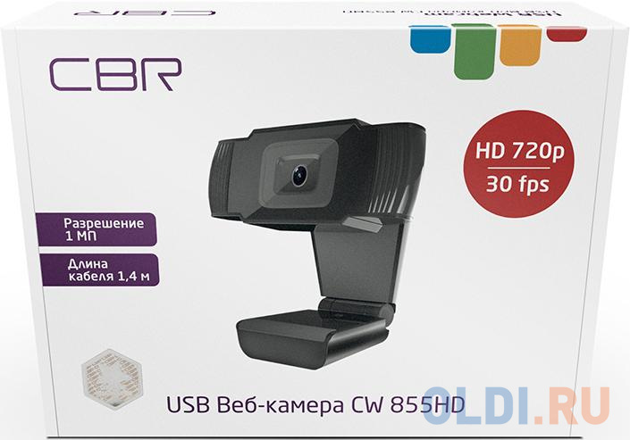 CBR CW 855HD Black, Веб-камера с матрицей 1 МП, разрешение видео 1280х720, USB 2.0, встроенный микрофон с шумоподавлением, фикс.фокус, крепление на мо